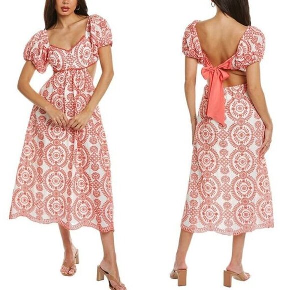 Saylor Therese Midi Dress 8 Red/White Open Back Tie/Bow Puff Sleeve Embroidery